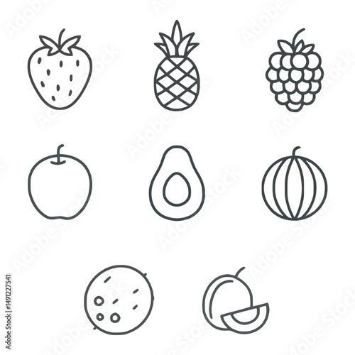 Collection of fruit outline icons including strawberry, pineapple, raspberry, apple, avocado, melon, coconut, and peach, shown in a clean minimal line style. Concept of tropical nutrition  