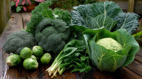 Green vegetables and dark leafy food background as a healthy eating concept of fresh garden produce organically grown as a symbol of health as kale swiss chard spinach collards broccoli and cabbage.