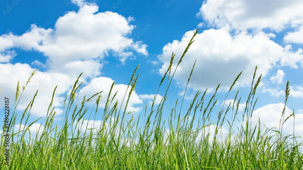 Obraz premium Lush Green Grass Against Bright Blue Sky with Fluffy White Clouds
