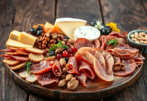 A charcuterie board with cured meats and nuts, set on a rustic wooden table photo