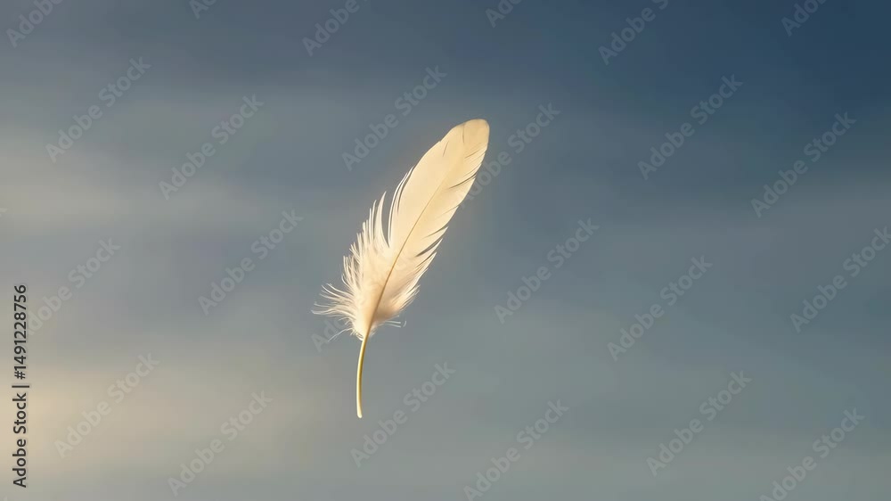 Single, light-colored feather floating serenely against a soft, muted blue and beige sky background evoking lightness and gentle movement.