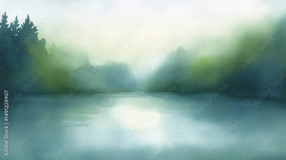 Fototapeta premium Serene Misty Lake Landscape with Soft Greenery and Calm Waters