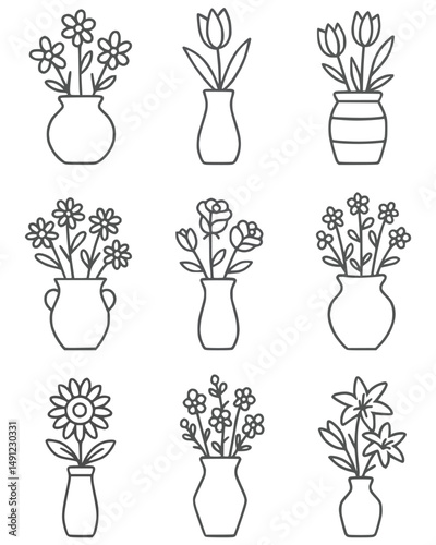 Nine hand-drawn outline icons of flowers in various vases with different floral arrangements, minimalistic line art style. Concept of botanical illustration and decorative floral design.
