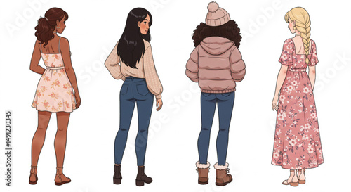 Back View of Urban Women in Trendy Seasonal Outfits – Cartoon Character Set Vector Illustration on White Background