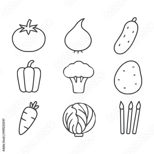 Set of  simple line drawing vegetable icons including tomato, onion, cucumber, bell pepper, broccoli, potato, carrot, cabbage, . Concept of healthy eating and organic food.

