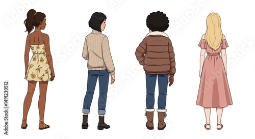 Urban Women Fashion Back View Cartoon Characters Vector Illustration