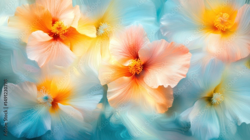 Vibrant Hibiscus Flowers with Soft Blue Background and Artistic Touch Vibrant Hibiscus Flowers with Soft Blue Background and Artistic Touch