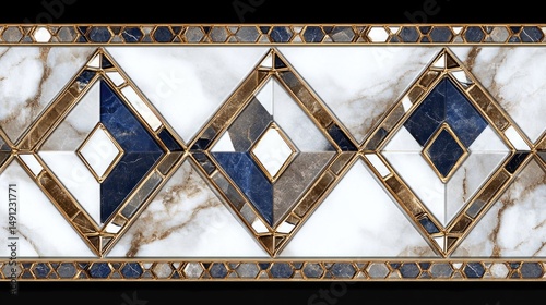 Ornate, geometric marble tile border design, featuring intricate patterns.