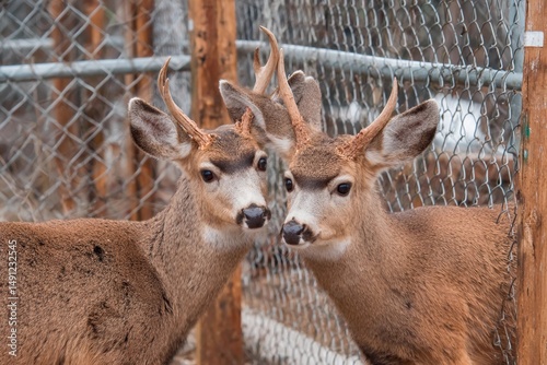 Two young male deer with developing antlers stand close to each other in a fenced enclosure. The background features a wooden fence and bare trees, indicating early spring photo