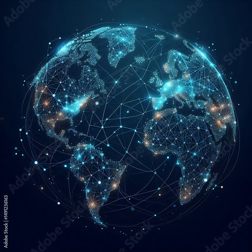 Vector. Map of the planet. World map. Global social network. Future. Blue futuristic background with planet Earth. Internet and technology. Floating blue plexus geometric background.  