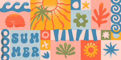 Summer concept illustration with nature organic shapes,doodles.Groovy boho palm,beach,surf,waves,sun,seashells graphic symbols and elements.Summer vacation background in simple funny style.