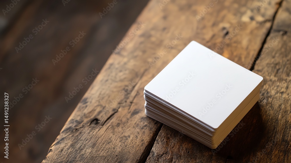 Fototapeta premium A neatly stacked pile of business cards rests on a rustic wooden desk.