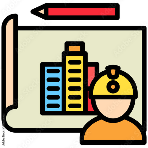 Builder mini illustration outline color icon, use for civil engineering, industry, construction UI, UX kit, app and web development, digital or print.