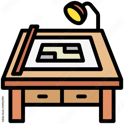Draft Table mini illustration outline color icon, use for civil engineering, industry, construction UI, UX kit, app and web development, digital or print.