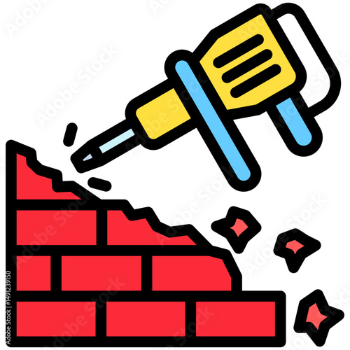 Hammer Drill mini illustration outline color icon, use for civil engineering, industry, construction UI, UX kit, app and web development, digital or print.