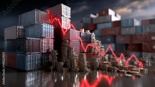 Tariff Trade Disaster and drowning with economic tariffs and market crash anxiety with government taxation or duties imposed on imports and exports on imported or exported goods as a 3D illustration.