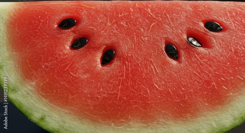 A macro shot captures the juicy texture of a watermelon slice, highlighting its vibrant red flesh dotted with black seeds, a taste of summer.