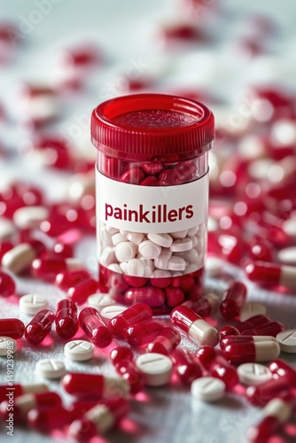 Plastic bottle labeled painkillers surrounded by various scattered pills and capsules on a flat surface showing different shapes and sizes of medication