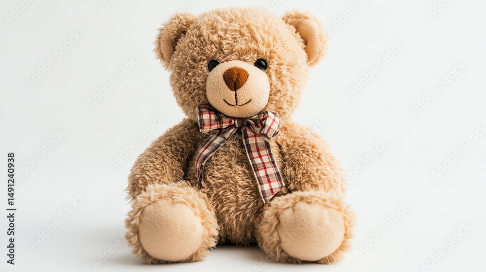 Fototapeta premium A fluffy, brown teddy bear sits alone on a white surface.