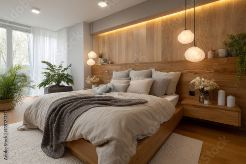 Cozy bedroom interior with wooden bed and neutral textiles