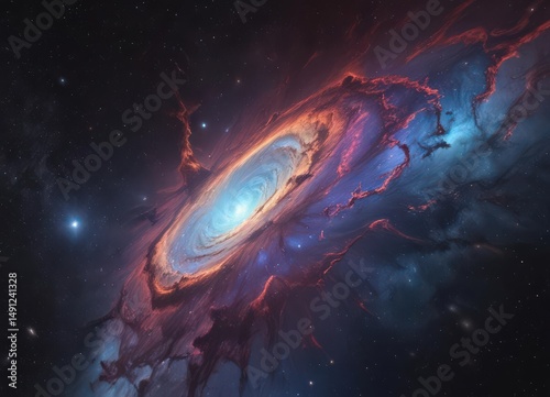 Vast, swirling nebulae paint cosmic canvas, distant galaxies glimmer ,  deep space,  pattern