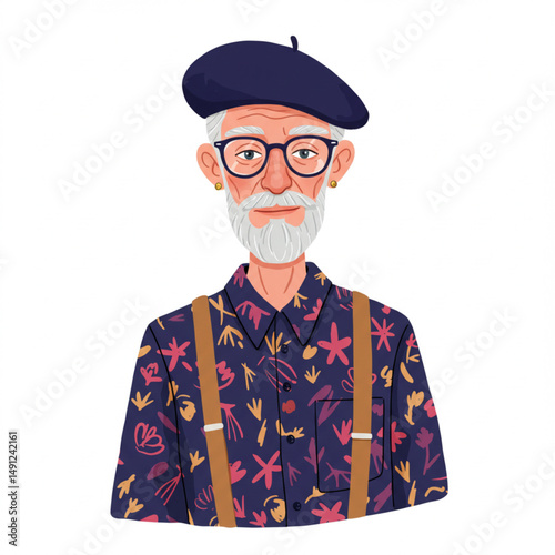 Portrait of Trendy Senior Man with Beret and Suspenders Vector Illustration