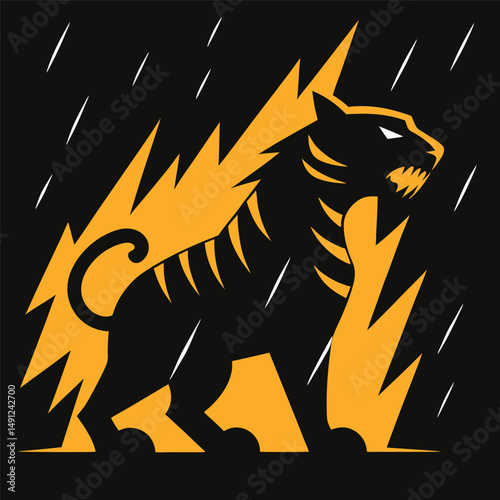 Angry tiger silhouette in rain with thunder in background.