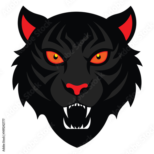 Black silhouette of a tiger head with glowing red eyes.