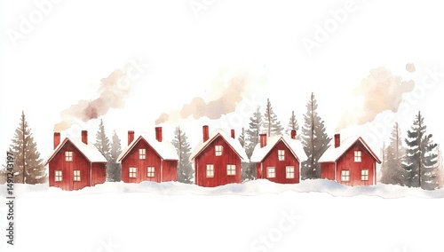Cozy Red Houses in Snowy Winter Watercolor Painting