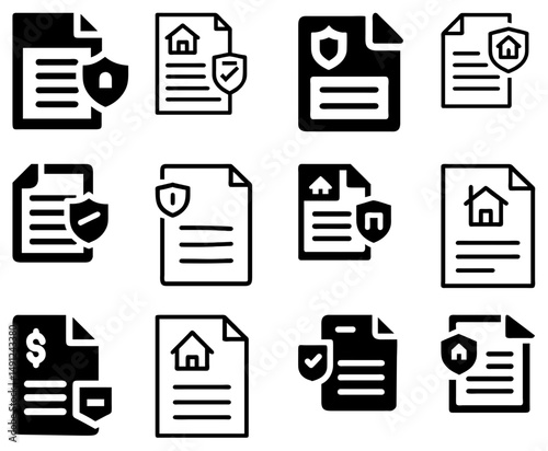 Insurance Policy Document Icon Set – Protection:
Vector icons of insurance policy documents, highlighting security, coverage, and financial protection for use in finance and legal projects.