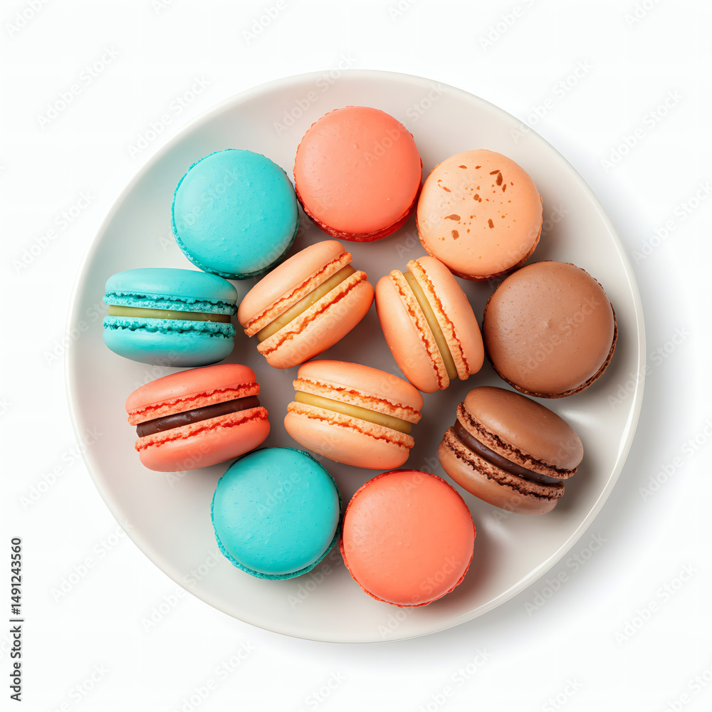 Fototapeta premium Colorful French macarons, a sweet confectionery of blue, orange, and brown, rest as a delicious dessert snack