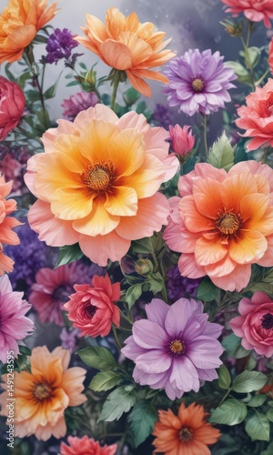 Vibrant watercolor blooms, lush petals, artistic style, background, vibrant