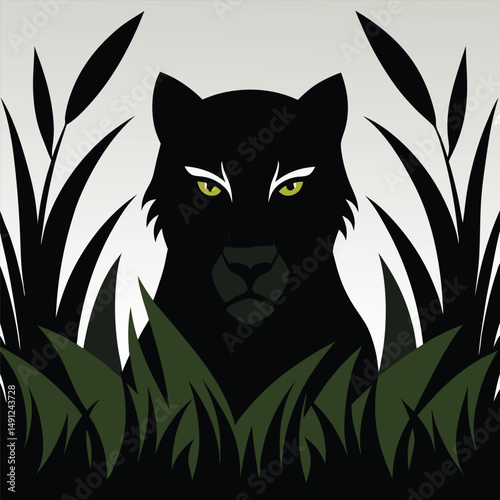 Black silhouette of a tiger hidden in tall grass.