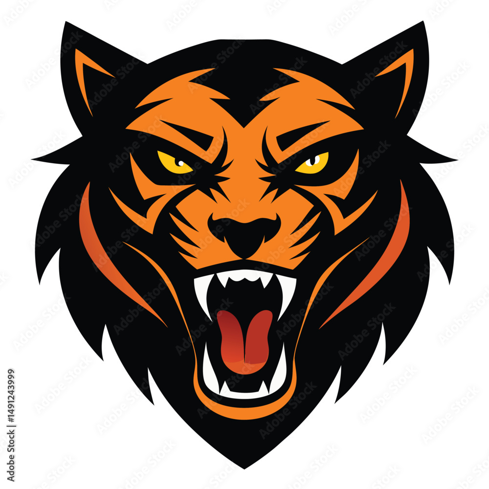 Fototapeta premium Snarling tiger head silhouette with sharp teeth visible.