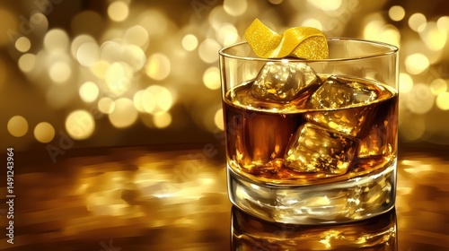 Golden drink with ice and lemon in a glass.