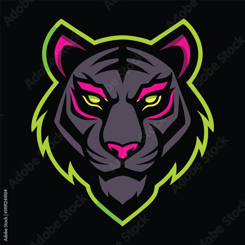 Stylized black tiger head with neon outline.
