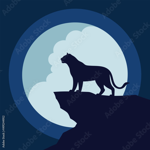 Tiger standing on a cliff silhouette with a full moon behind.