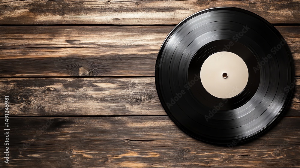 Obraz premium A vintage vinyl record rests on a rustic wooden background.