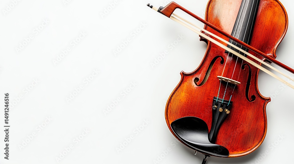 Fototapeta premium A lone violin and bow are presented against a dark, blurred background.