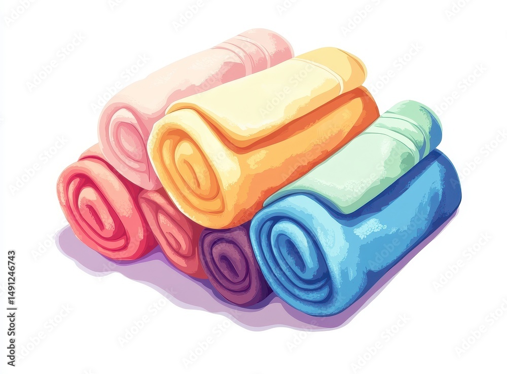 Fototapeta premium Neat Stack of Pastel Rolled Towels on White Background