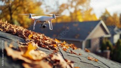 Drone flying over autumn roof, fall leaves, residential house