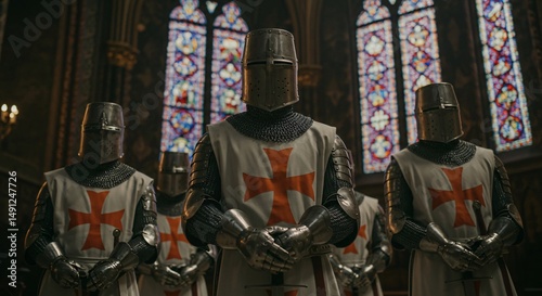 Knights Templar stand guard in a grand church, their armor gleaming in the dim light