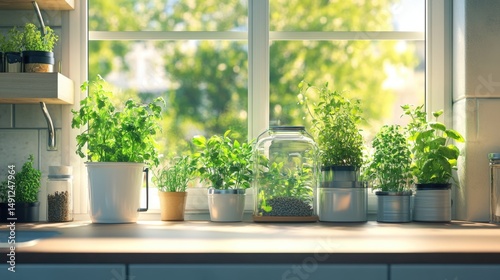 Sunlit Kitchen Windowsill with Fresh Herbs in Pots