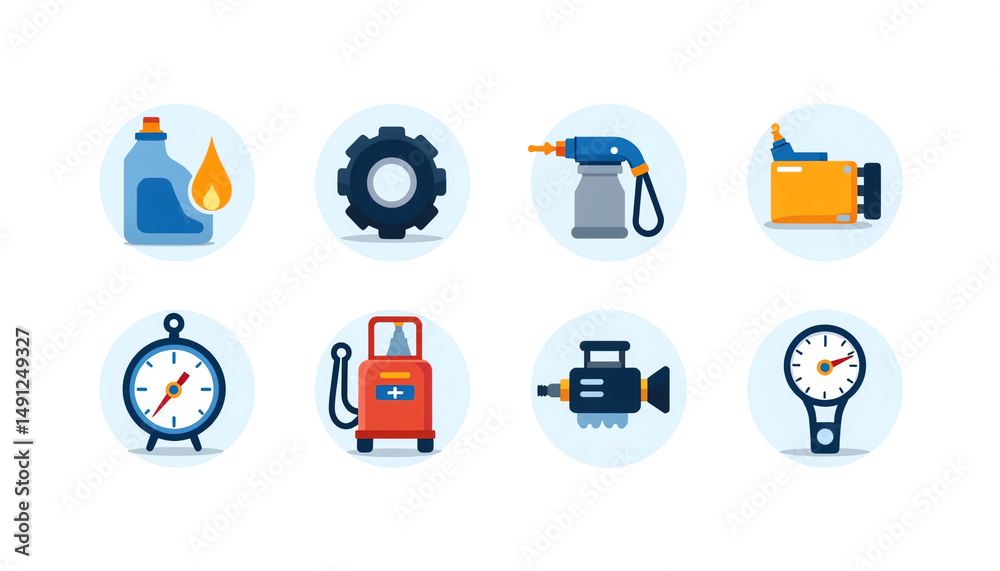 Fototapeta premium Icons representing various industrial tools and materials.