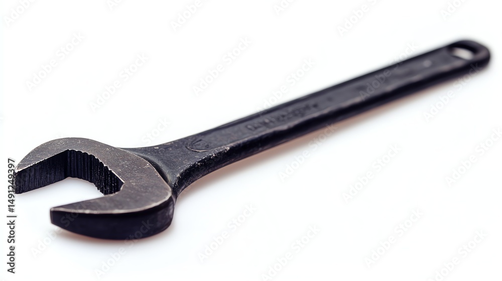 A single wrench rests on a neutral gray background. A single wrench rests on a neutral gray background.
