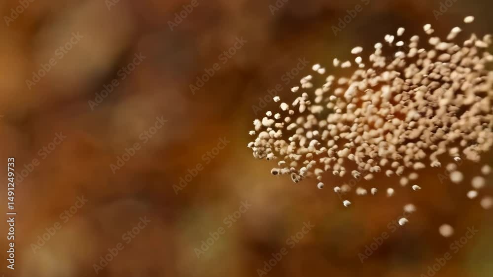 Close-up of brown cells or spores aggregating on textured orange and brown surface with depth of field and small spherical structures.