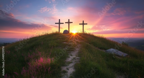 Three Crosses at Sunrise on a Hilltop Meadow