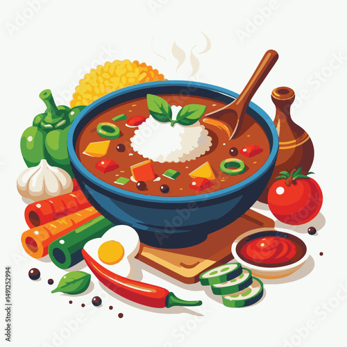 food, curry, delicious, meal, restaurant, cooking, lunch, cuisine, dish, spicy, rice, dinner, vector, isolated, illustration, menu, bowl, hot, asian, indian, india, tasty, healthy, traditional, kitche