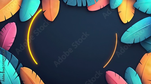Colorful feather frame with glowing neon circle.
