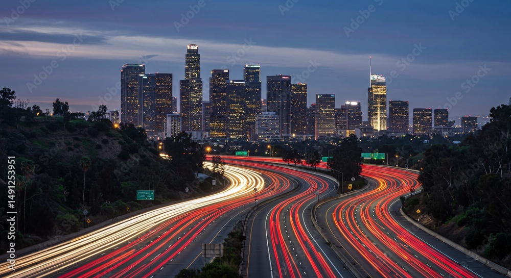Obraz premium Los Angeles skyline at twilight with light trails on the highway below
